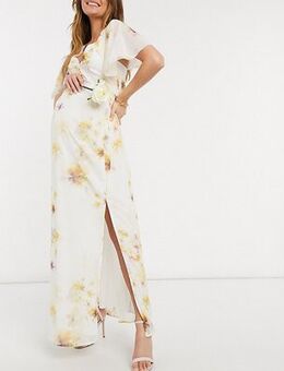 Bridesmaid cape back maxi dress with split in soft yellow floral-Multi