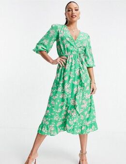 Floral wrap midi dress in green pattern