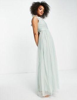 With Love off the shoulder ruffle sleeve maxi dress in misty green tulle-White