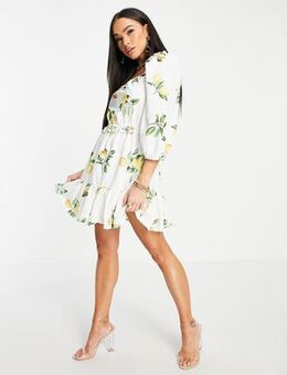 X Stacey Solomon puff sleeve ruched mini smock dress in summer lemon print-Multi