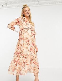 Collared shirt dress with wrap tie and drop hem in blush floral-Pink