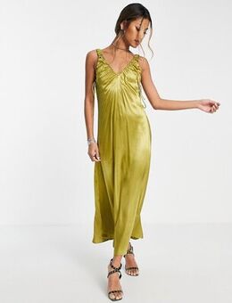 Ruched satin slip dress in green