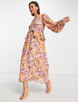 Frill midi dress in retro swirl print-Purple