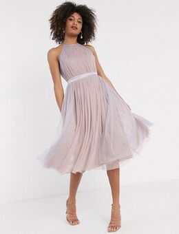 With Love tulle halterneck dress with contrast stripe in multi