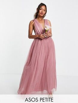 Petite tulle plunge maxi dress dress with bow back detail in rose-Blue