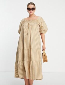 Puff sleeve tiered midi dress in brown gingham-Neutral