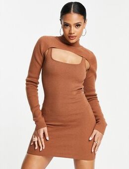 Cut out overlayer mini dress in brown