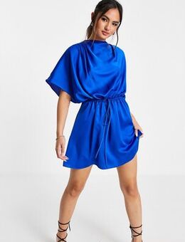 High neck satin mini dress with ruched dress and button detail in blue