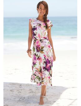 NU 20% KORTING: Midi-jurk met bloemenprint en elastische tailleband, zomerjurk, strandjurk
