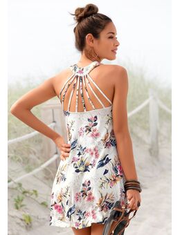 Strandjurk met speciaal design schouderbandjes, mini jurk met bloemenprint, zomerjurk