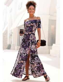 Maxi-jurk met lange splits en carmen-halslijn, zomerjurk