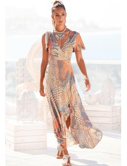 Maxi-jurk met animal print, split en volants, vleermuismouwen, jurk met print