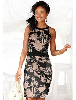 Gedessineerde jurk met bloemenprint, korte zomerjurk, strandjurk, nauwsluitend