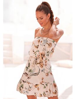 Bandeaujurk met sierlijke knoopsluiting, mini jurk, zomerjurk, off-the-shoulder