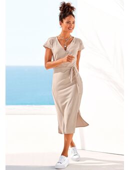 NU 20% KORTING: Midi-jurk van geribde stof, wikkeljurk met split, casual-chic (Met een bindceintuur)