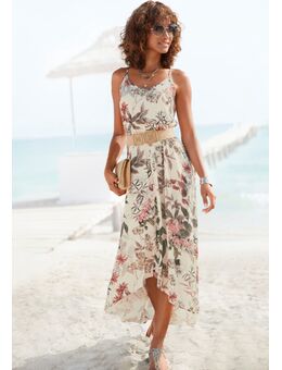 Maxi-jurk met bloemenprint, licht zomerjurk in vokuhila-stijl, strandjurk