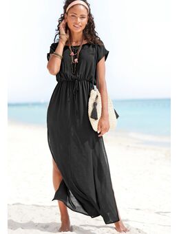 Strandjurk van licht transparante geweven stof, maxi jurk met split, zomerjurk