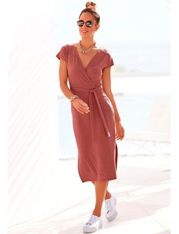 Midi-jurk van geribde stof, wikkeljurk met split, casual-chic (Met een bindceintuur)