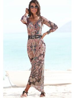 Maxi-jurk met cut-outs bij de hals, zomerjurk met all-over print, lange mouwen