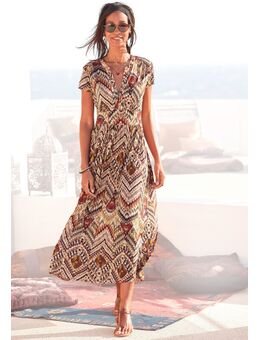 Midi-jurk met etnische print en rits aan de voorkant, zomerjurk, strandjurk