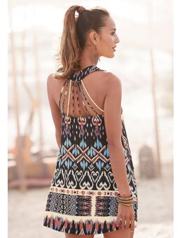 Strandjurk met mooie bandjes en etnische print, mini jurk, zomerjurk