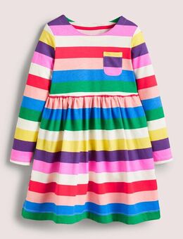 Long Sleeve Fun Jersey Dress Multi Rainbow Stripe Boden, Multi Rainbow Stripe