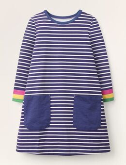 Blue Stripe Fun Pocket Jersey Dress Starboard Blue Rainbow Cuff Boden, Starboard Blue Rainbow Cuff