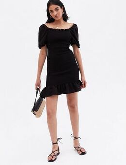 Black Shirred Frill Mini Dress New Look