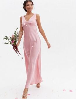 Pink Satin V Neck Sleeveless Maxi Dress
