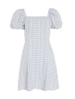 Pale Blue Gingham Embroidered Skater Dress New Look