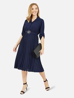 Navy Pleated Belted Midi Shirt Dress New Look
