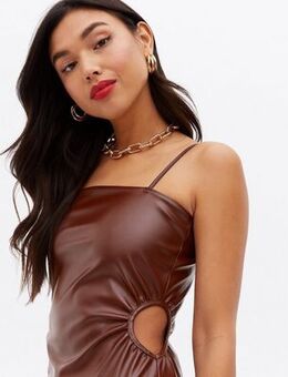 Dark Brown Leather-Look Cut Out Mini Dress New Look