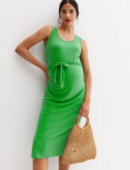 Maternity Green Belted Ribbed Midi Dress
