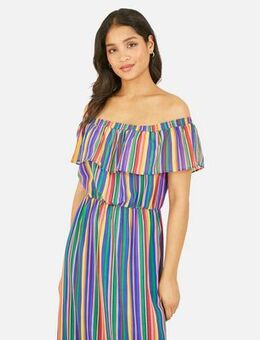 Multicoloured Rainbow Stripe Bardot Maxi Dress New Look