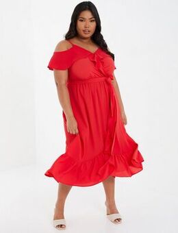 Curves Red Cold Shoulder Midi Wrap Dress New Look