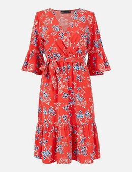 Red Floral Flutter Sleeve Wrap Dress New Look