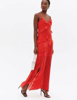 Tall Red Ruffle Chiffon Strappy Maxi Dress