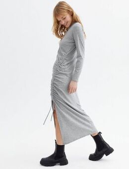 Grey Ribbed Jersey Ruched Side Midi Dress
