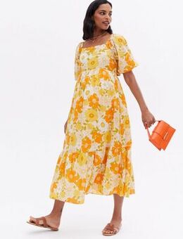 Maternity Orange Floral Square Neck Midi Dress