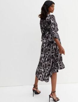 Grey Leopard Print Frill Hem Midi Wrap Dress New Look