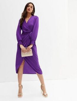 Purple Satin Long Puff Sleeve Midi Wrap Dress